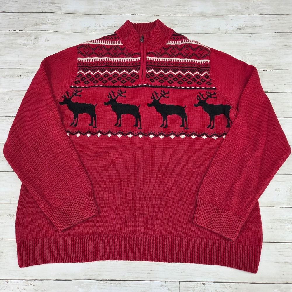 Chaps Mens XXL Red Reindeer Fair Isle Quarter Zip Cotton Sweater Pullover